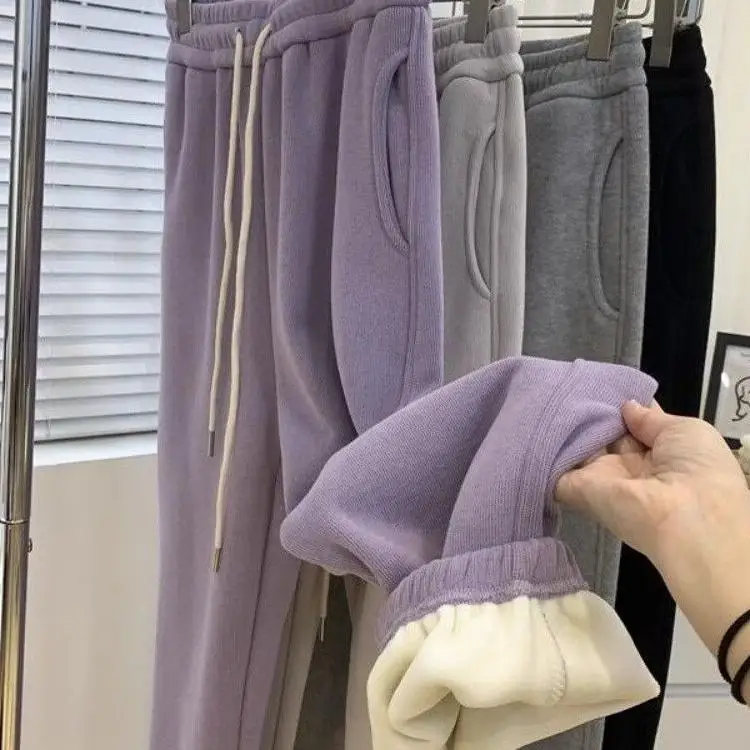 

plus Size Women's Fce Lined Thiened Casual Pants High Waist Loose Fit Trousers Korean Sle Long Pants for All Body pes