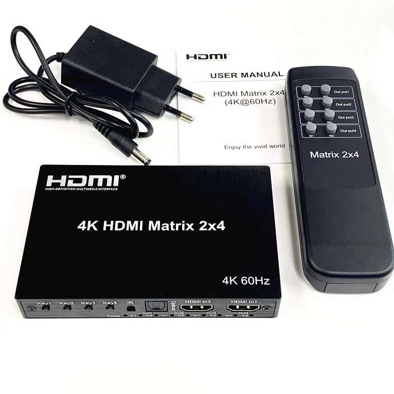 4K HDMI True Matrix Switch 2x4 Matrix HDMI Video Switch Splitter 2 In 4 out with Optical & R/L Audio Extractor Dolby HDCP2.2