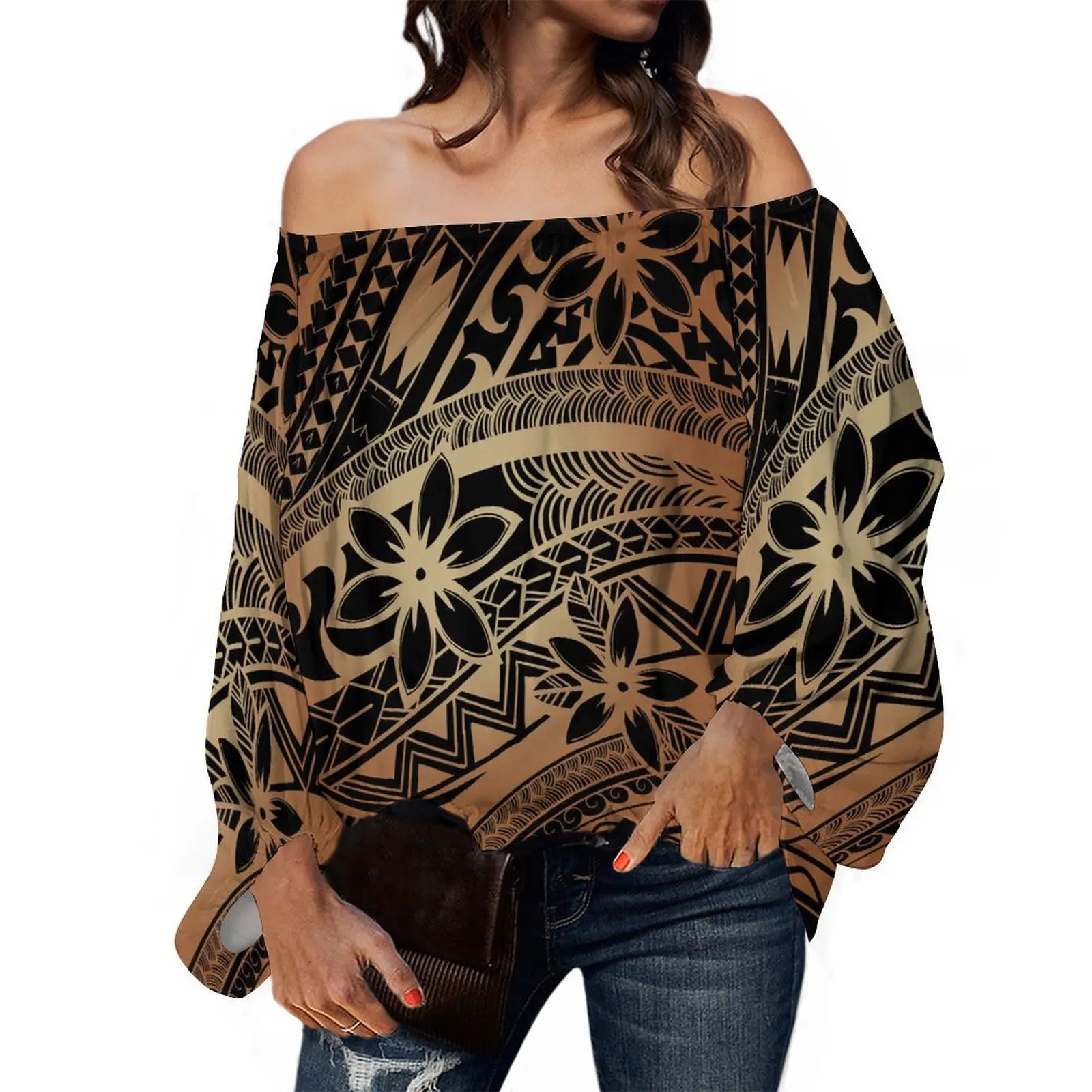 Summer One-Line Shoulder Top Soft Fabric Samoa Island Clothing Custom Polynesian Floral Print Ethnic Women'S Wear