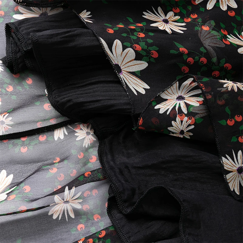 Gonna di seta da donna 100% seta di gelso Gonna lunga stampata floreale nera con fodera in seta Summer Beach Orlo grande Lavoro d'ufficio M1340