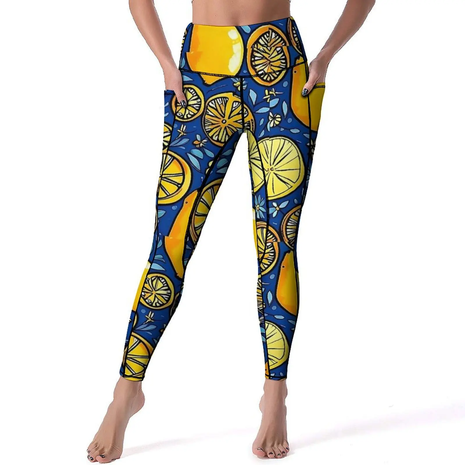 Lemon And Floral Leggings Fruit Print Gym Yoga Pants Push Up Vintage Sport Pants Pockets Elastic Design Yoga Legging