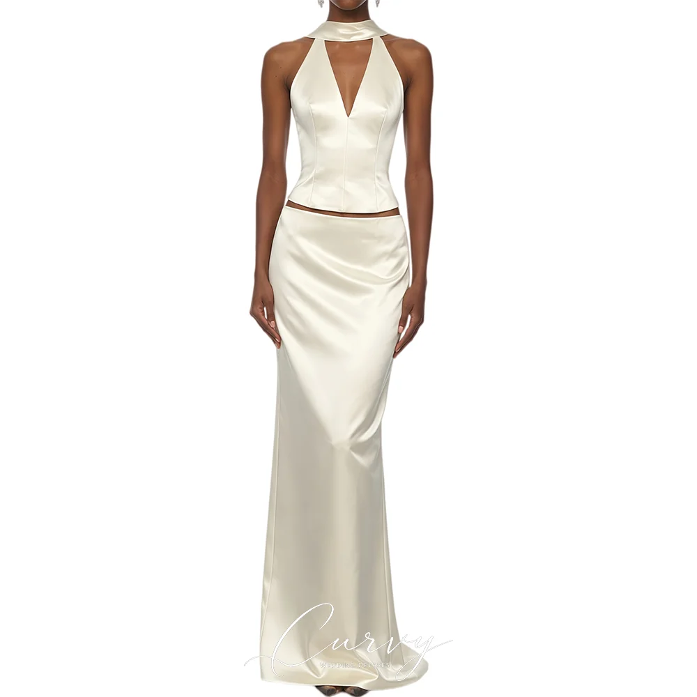 Curvy Minima Satin Two Piece Wedding Dresses Customized for Women Halter V-Neck Open Back Bow Detail Back High Slit 2026