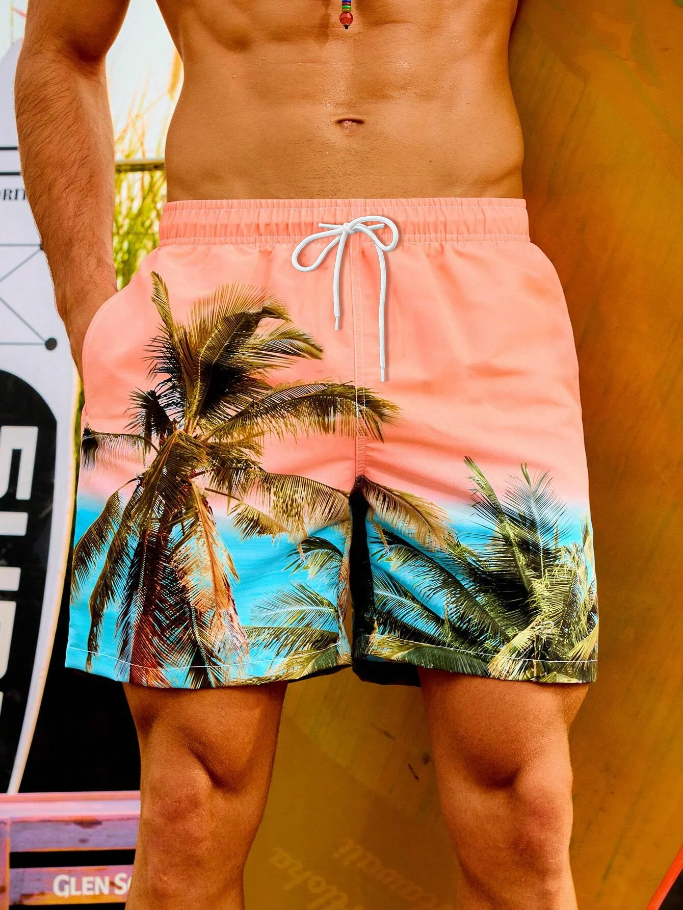 New Men\'s Loose Beach Shorts With Drawstring Breathable Polyester Shorts Summer 3d Coconut Tree Print CasualSportsSurfingShorts