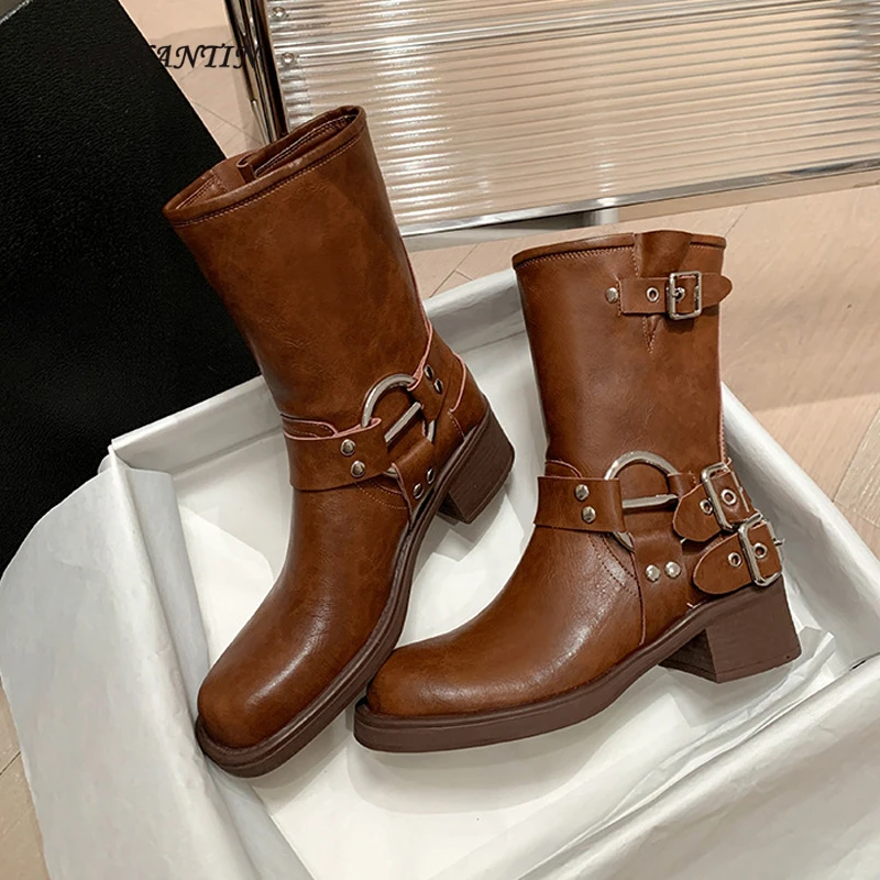 

2024 Autumn Winter New Women's Ankle Boots Retro Brown Belt Buckle Knight Boot Round Toe Thick Bottom Solid Western Cowboy Boots