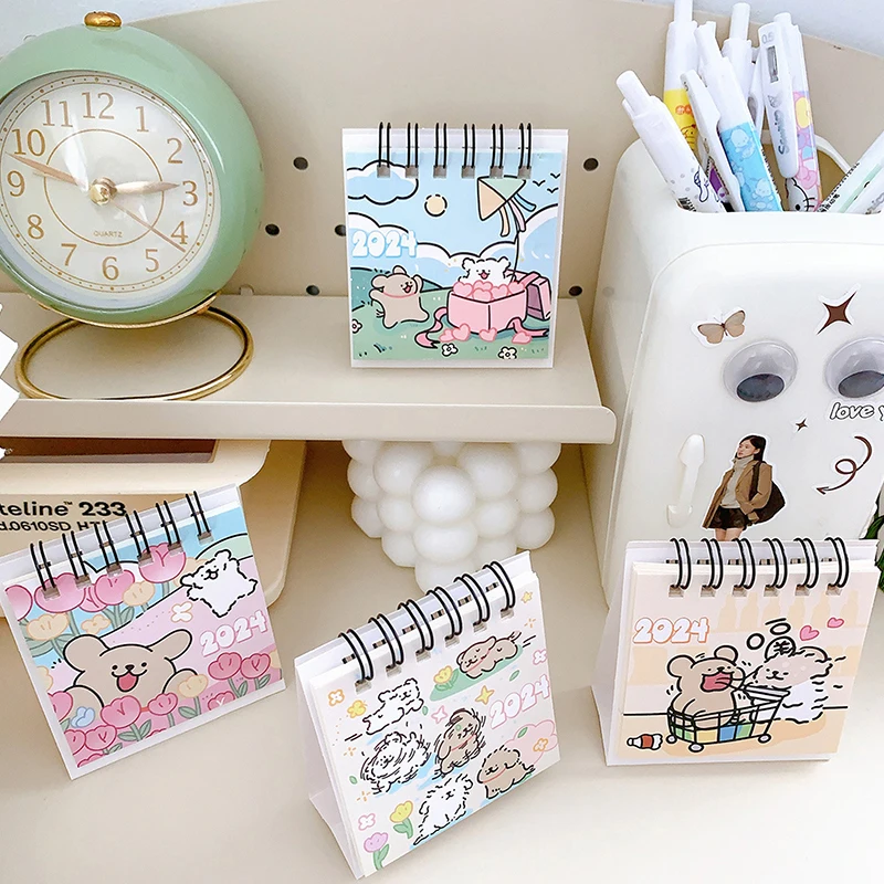 2024 Mini Calendar Cute Cartoon Puppy Series Table Calendar Small Portable Desktop Calendar Kawaii Office Student Supplies