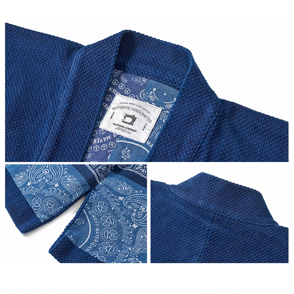 Japanese Vintage Heavy Kendo Indigo Robe Men Spring Autumn Cotton Multi-pocket Raglan Sleeve Jacket Casual Cardigan Coat