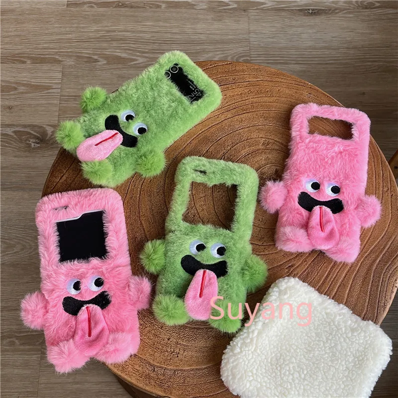 Plush Funny 3D Magnetic Tongue Out Phone Case For Samsung Galaxy Z Flip 7 6 5 4 3 ZFlip7 Flip6 Flip5 Warm Winter Hair Hard Cover