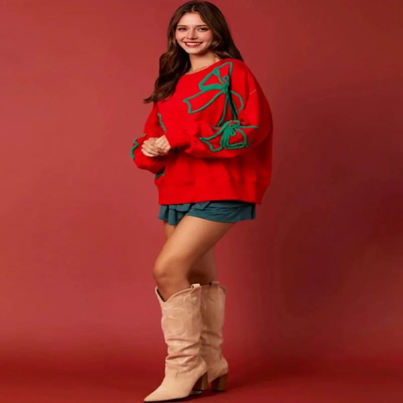 Women'S Cute Bow-Knot Casual Lantern Long Sleeve Crew Neck Sweatshirts Fall Loose Fit Y2k Pullover Tops