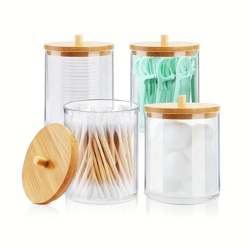 

Acrylic Qtip Holder Dispenser Jars with Bamboo Lids, Cotton Ball Pad Round Swab Holder Bathroom Accessories Organize