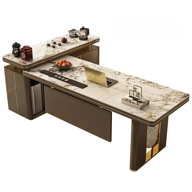 2024 new light luxury desk and chair corner office computer table rock slab tea table integrated boss table minimalist