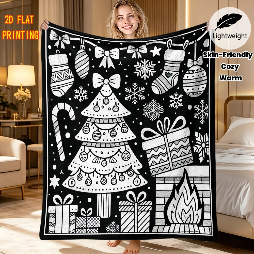 1pc 2D Flat Print Black White Colorable Xmas Throw Blanket, Christmas Tree Gift Fireplace Candy Cane Snowflake Line Art Blanket