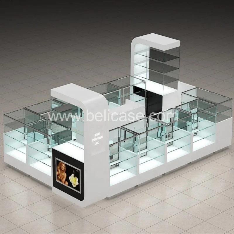 Custom, desain Modern Makeup Display Counter Tempered Glass parfum berdiri kios parfum Booth untuk Mall