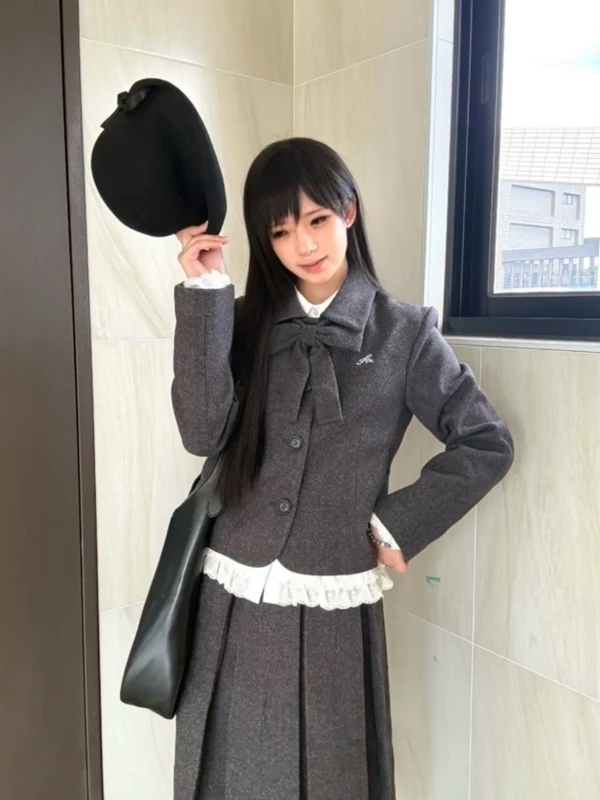 

Серое шерстяное платье женское осенне-зимнее модное, комплект из трех предметов: длинная юбка, приталенное А-образное платье миди в винтажном стиле