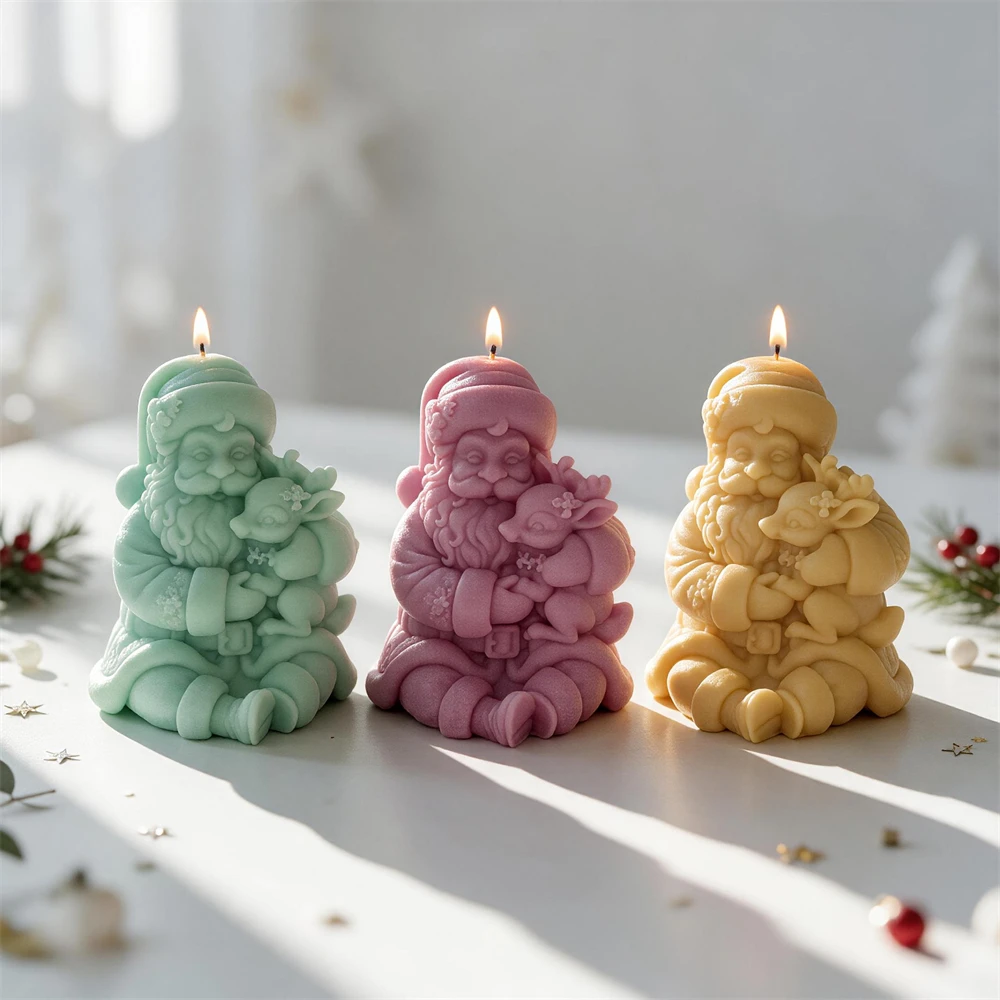 Santa Claus Hold Deer Candle Mold Father Christmas Silicone Mold Kriss Kringle DIY Form Concrete Resin Casting Mold Home Decor