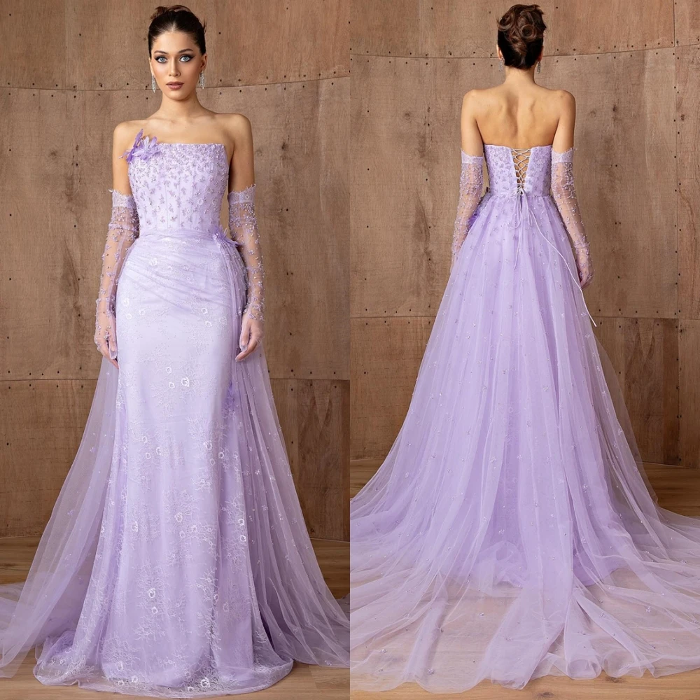 

Customized Formal Tulle Evening Dress Exquisite Strapless Prom Dresses High Quality Flowers Court Train Special Occasion Gowns