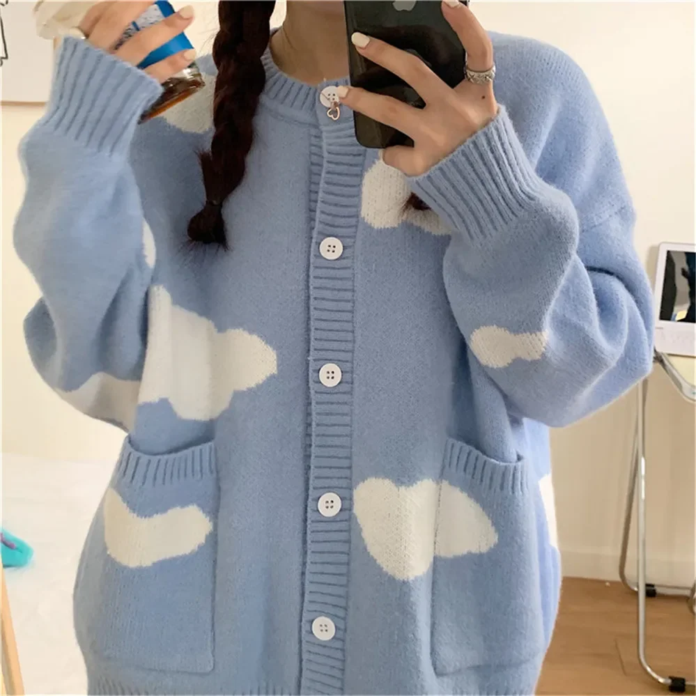 Blauer Himmel und weiße Wolke gedruckt gestrickte Strickjacke Frauen Streetwear lose lässige Herbst Winter o Hals Langarm weibliche Pullover