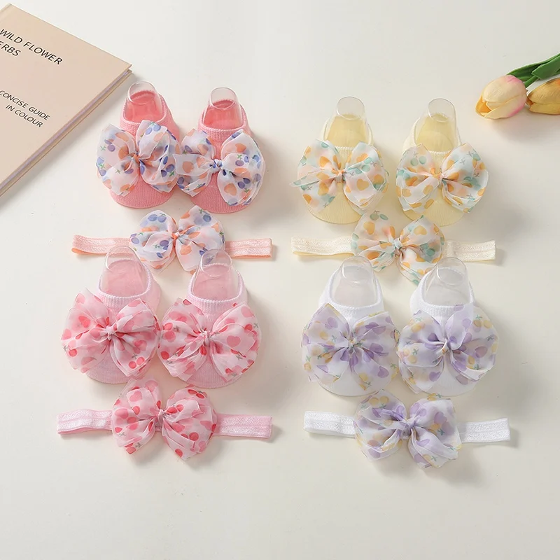 Baby Headband Socks Set Non Slip Cotton Floral Bow Decorative Sock Lace Flower Newborn Hair Band Turban Girl Hair Accessories