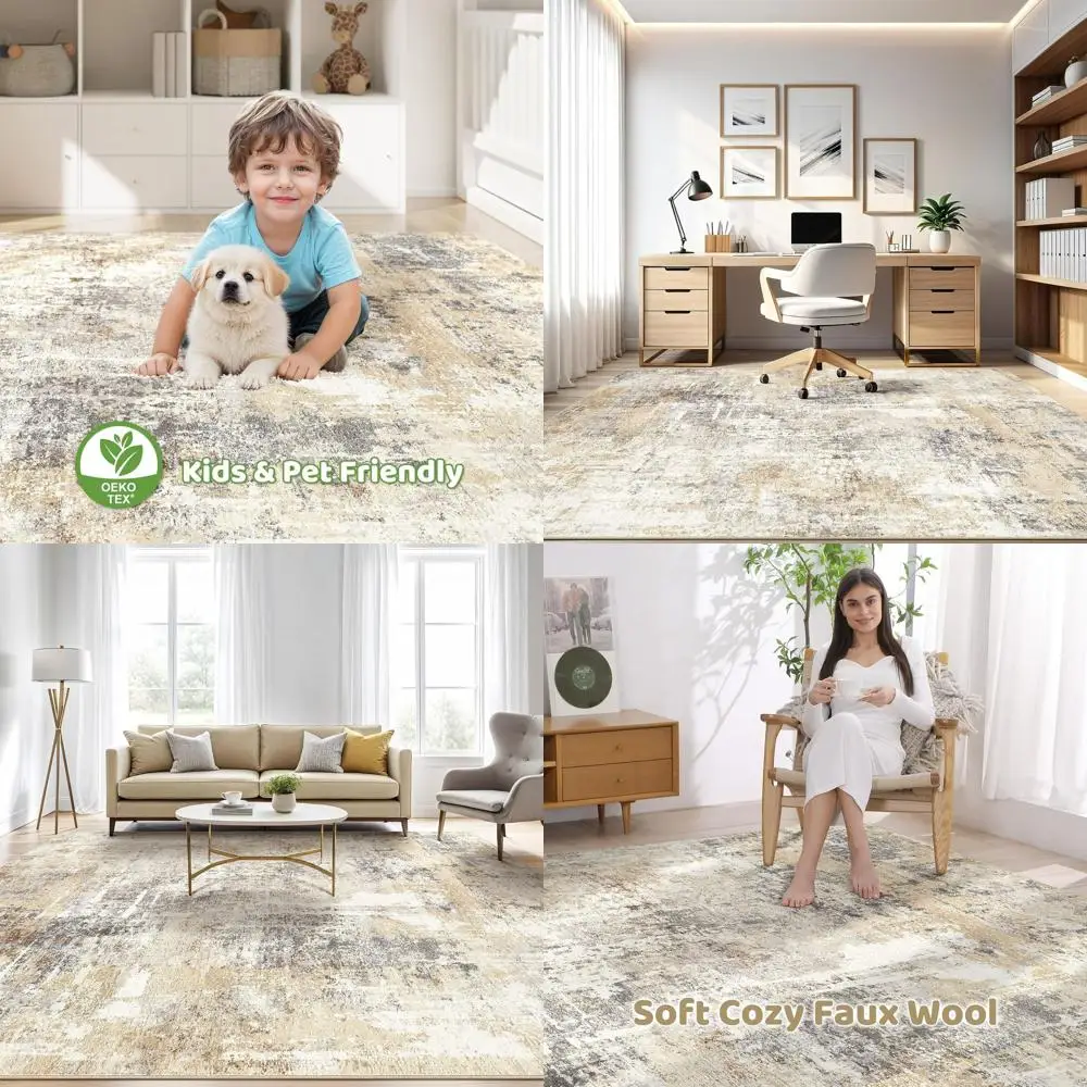 

Large 5x7 Washable Modern Abstract Rug - Soft, Stain Resistant, Non-Slip for Living Room, Bedroom, Playroom, and More - Gray and