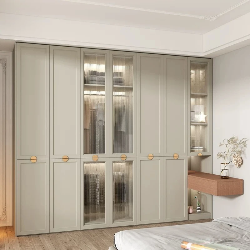 Cream Style Melamine Board Wardrobe Cabinet One-Piece Full Height Closet with Display Glass Panels & Matching Vanity Desk