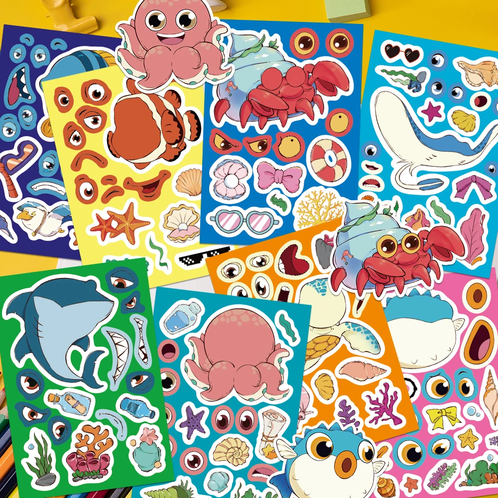 32Sheets Funny Aquarium DIY Puzzle Animals Graffiti Sticker Cartoon Toy Decals For Laptop Refrigerator Notebooks Girl Stickers