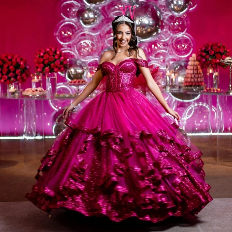

Shiny rose pink Quinceanera Dress off-shoulder glitter Decal Long tail Lace layering Vestidos De 15 Quinceanera ﻿Customize
