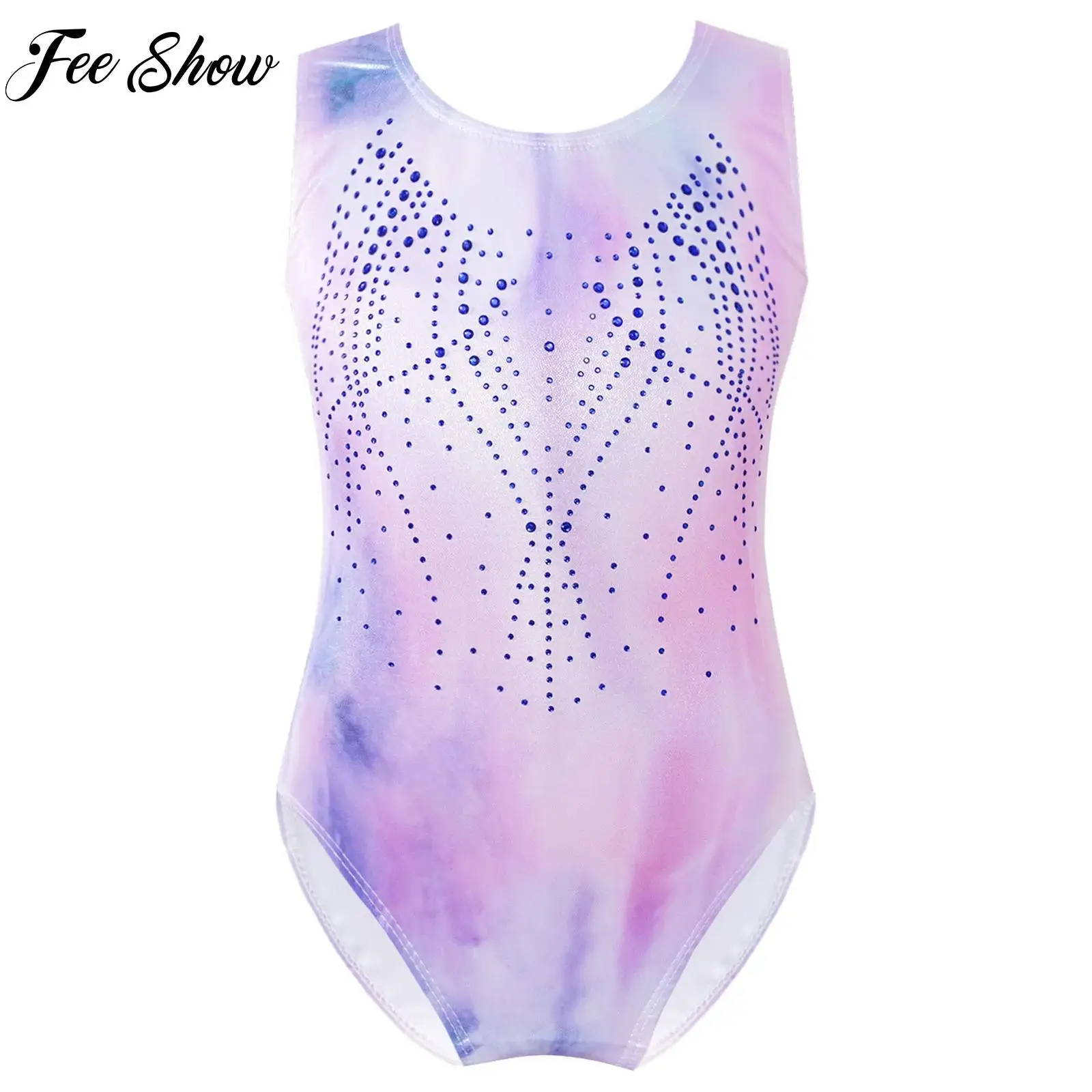 Kids Girls Rhinestones Figure Skating Jumpsuit Children Sleeveless Metallic Acrobatics Bodysuit Rhythmic Gymnastics Leotard