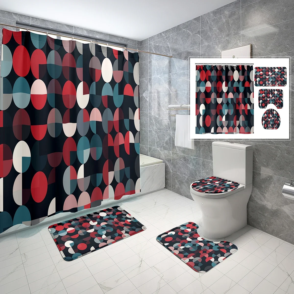 4 Pcs Circles Geometry Shower Curtain Sets Abstract Colorful Graph Non-Slip Bath Mat Waterproof Shower Curtain Toilet Lid Cover