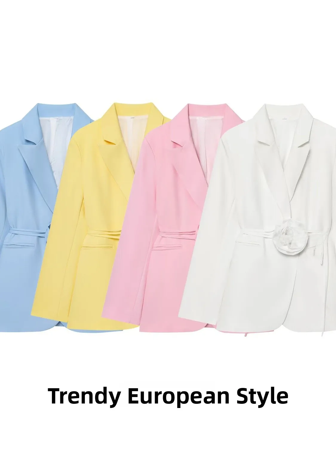 

Ele Floral Tie-Waist Suit Jaet Women's Faion Trend European Sle Casual Long Sve Polyester Flat Collar Coat