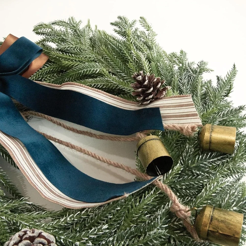 Green Handmade Bow Bell Garland 45CM Rustic Christmas Wreath For Holiday Door Wall Party Home Seasonal Decoration Ornaments
