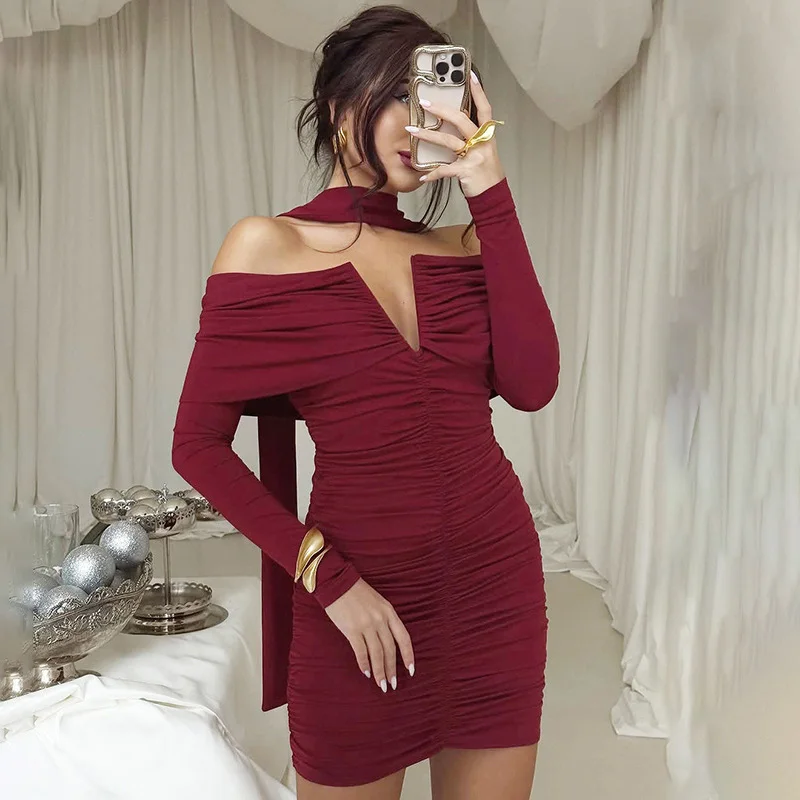 

Ticketsx Off-Shoulder Ruched Dress Women Red Plunge Long Sleeve Scarf Bibbon Slim Mini Dress Fashion New Backless Party Clubwear