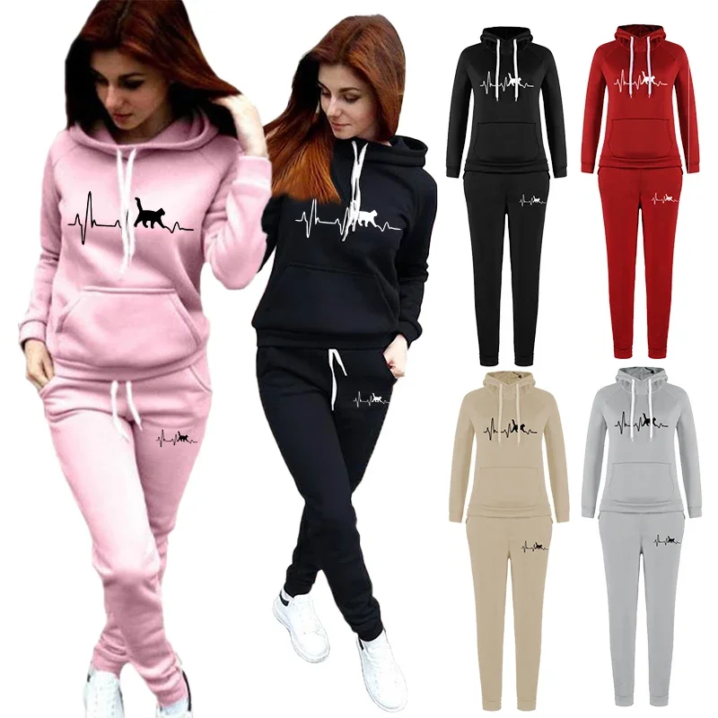 Autumn Winter Ladies Sportswear Hoodies and Pants 2 Pieces Set Printed Women\'s Jogging Suit Fashion Casual Streetwear Outfits