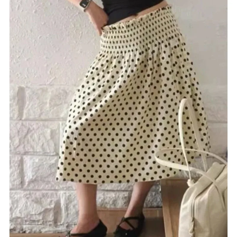 Women Polka Dot Midi Skirt French Sweet Retro Pleated A-line Skirt Loose Slimming Casual Mid-length Skirt New Arrival