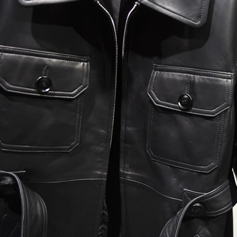 Natural Sheepskin Coat for Women Lapel Zipper Pocekts Black Mid-Length Windbreaker Stylish Casual Long Sleeve Leather Jacket