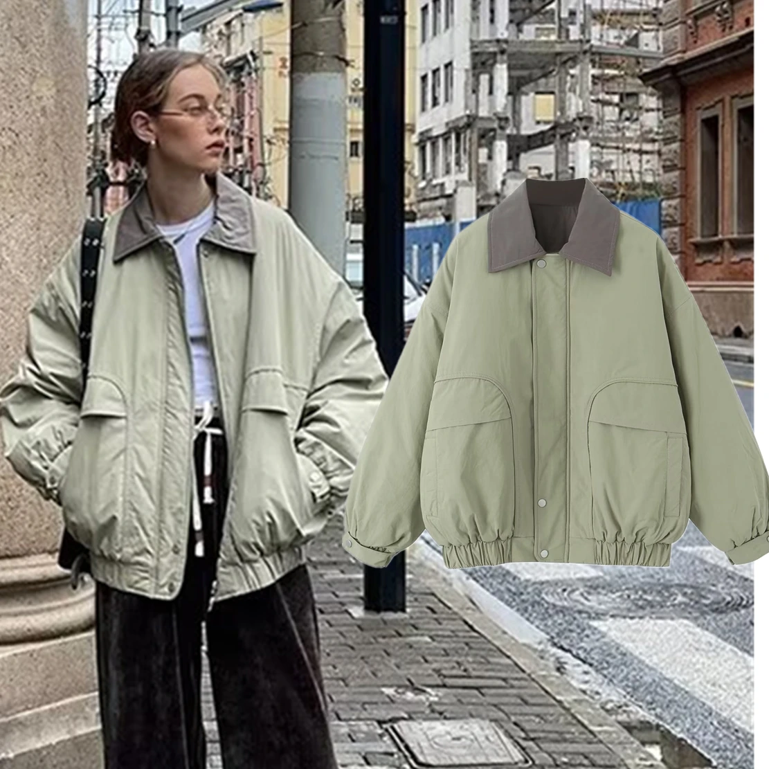 

Dave&Di American Vintage Pilot Jacket Winter Coat Women Parka Pea Green Contrasting Lapel Warm Jacket, Female