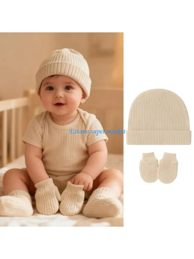 090B Winter Cap Gloves No Scratch Set for Infant Toddler Unisex Cotton Nursery Hat