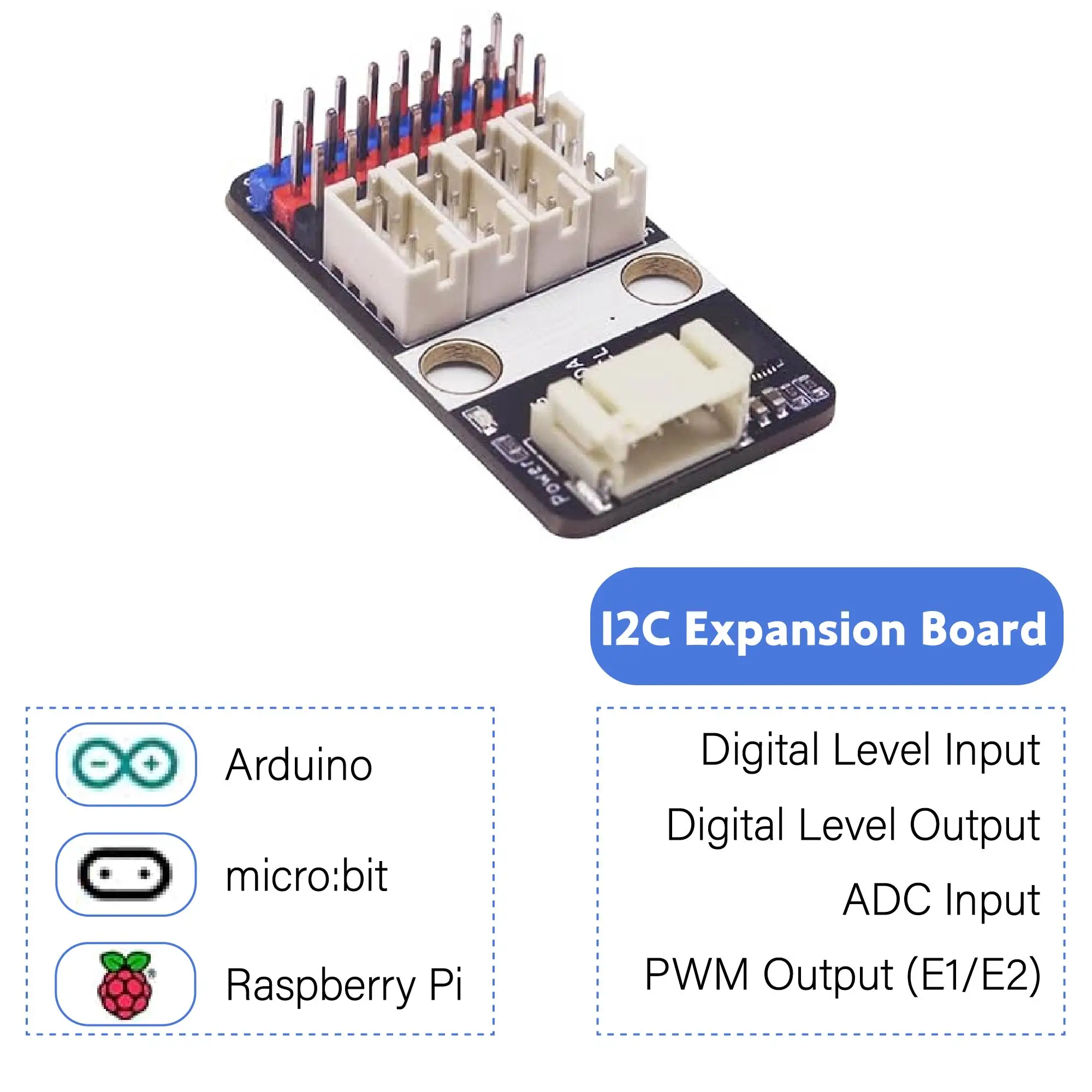 ADC/I2C/IO/PWM 4‑in‑1 Expansion Board, 4‑Channel I2C & 8 Channel GPIO, Configurable ADC Input Digital IO PWM Output for Arduino