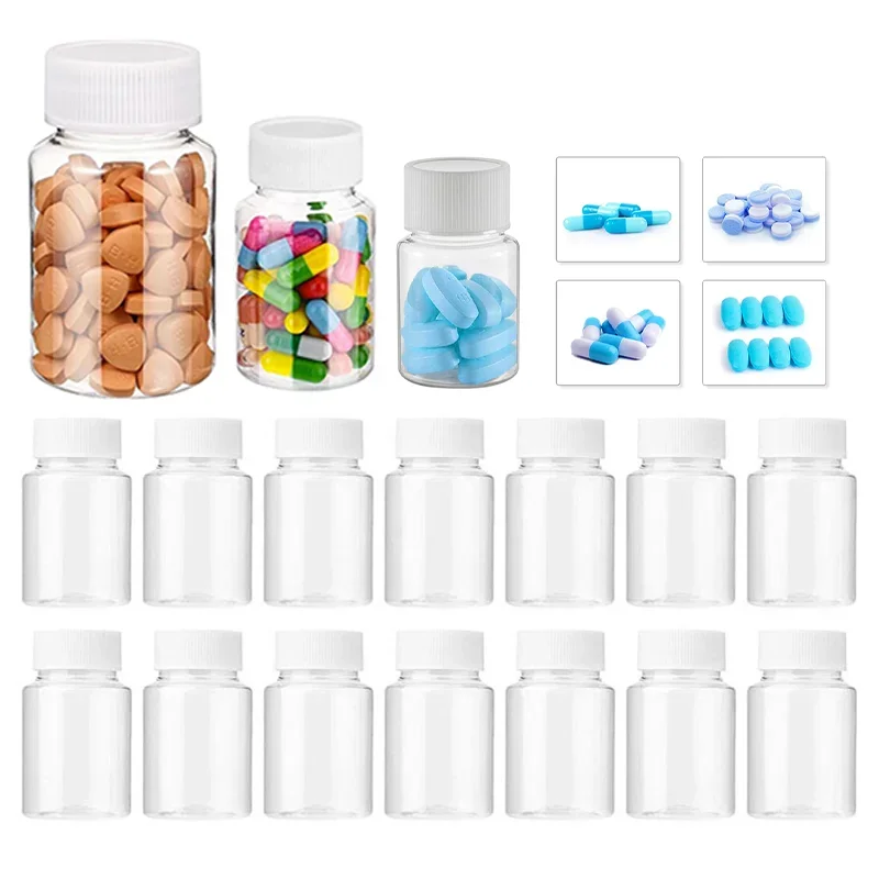 5pcs 15ml-100ml Clear Plastic Pill Bottles with Seal Caps Empty Reagent Bottle Reusable Chemical Capsules and Storage Container