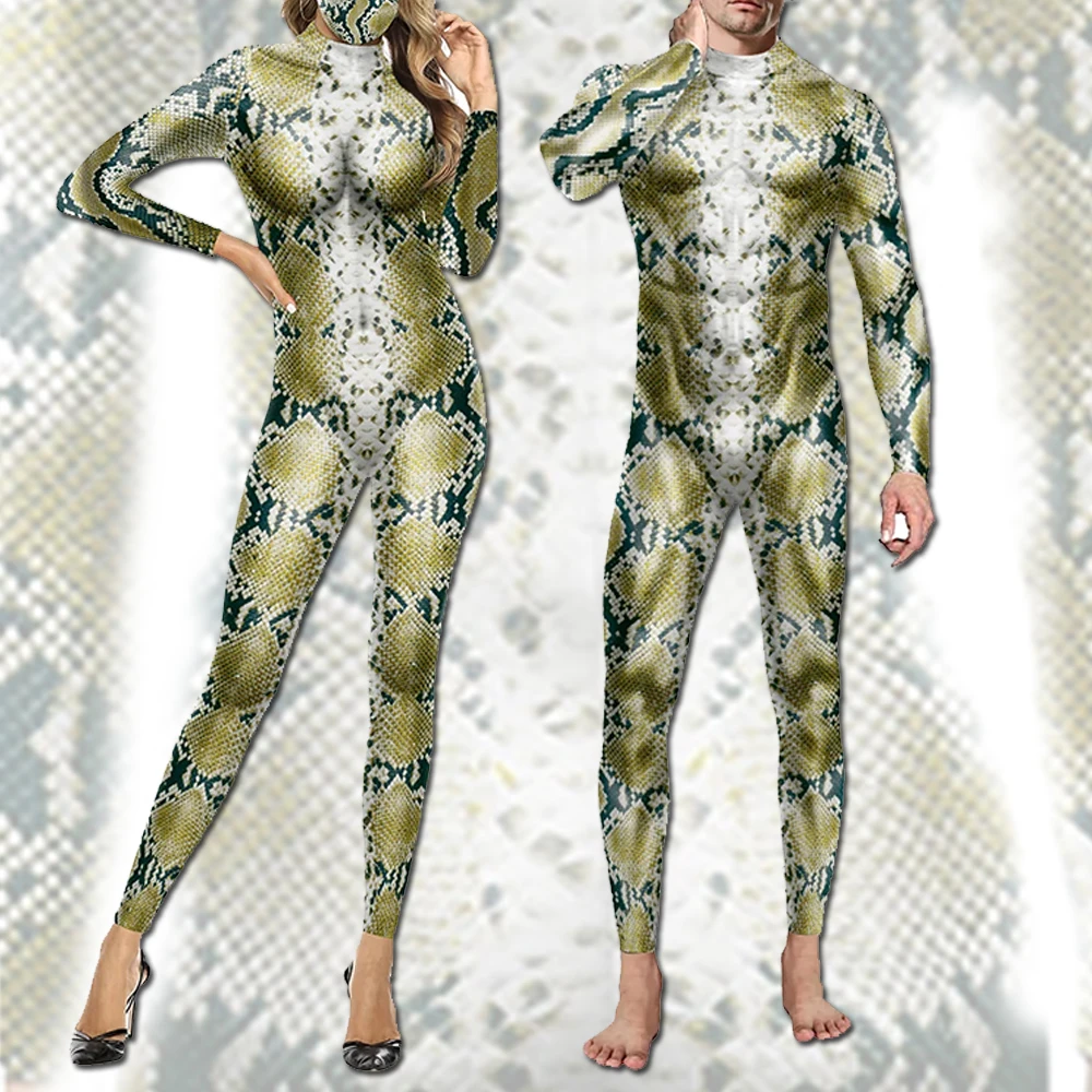 Costume de cosplay d'Halloween pour hommes et femmes, combinaison d'impression de peau d'animal, costume de batterie, déguisement de fête, tenue de scène, catsuit, drôle