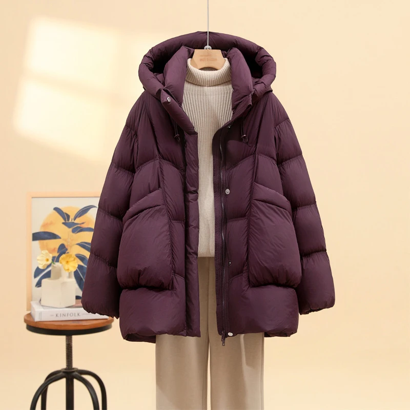 Schinteon feminino pato branco para baixo jaqueta casual solto outono inverno outwear com capuz grosso quente macio e confortável casaco 2025 novo