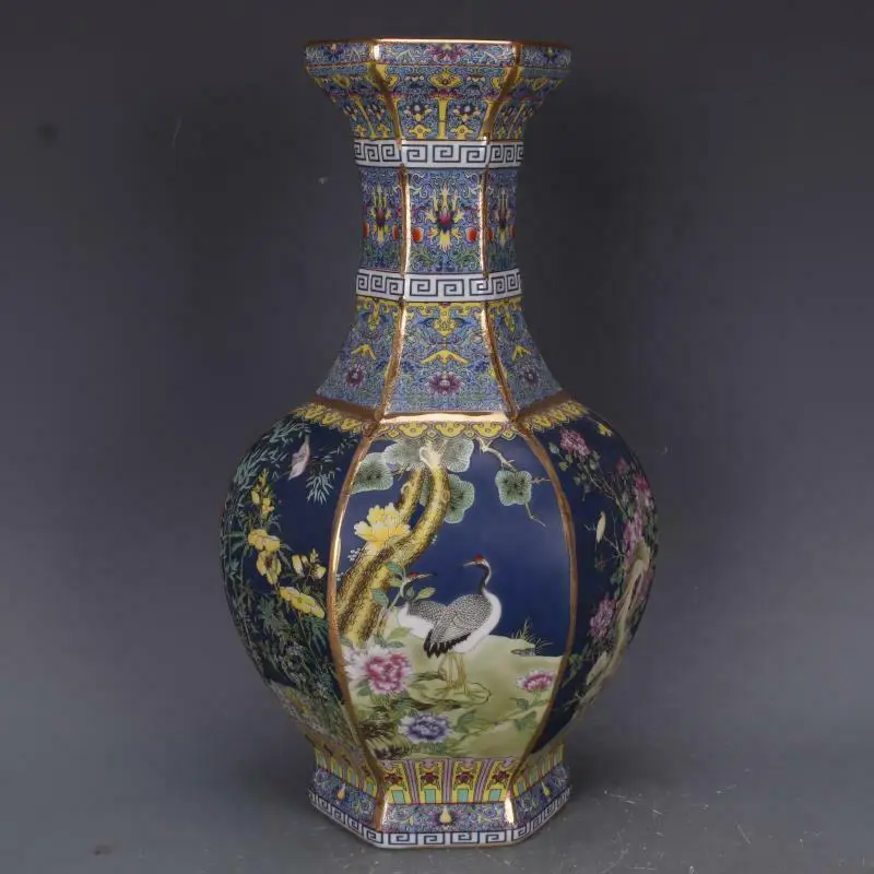 

Chinese Blue Enamel Porcelain Qing Qianlong Flowers Birds Design Vase 12.7 Inch