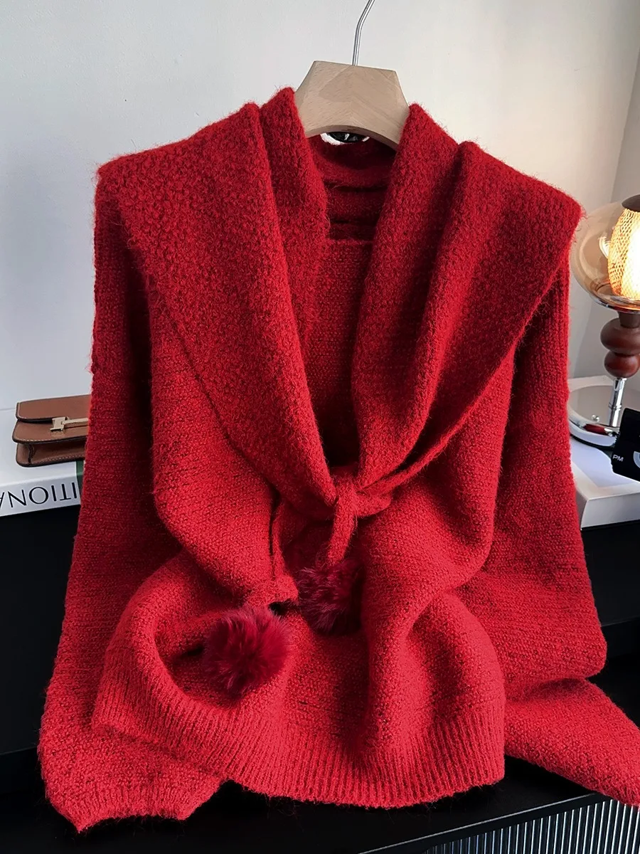 

Красный вязаный свитер и шарф, женский комплект свободного покроя, осень-зима, модный повседневный комплект из двух предметов на Новый год