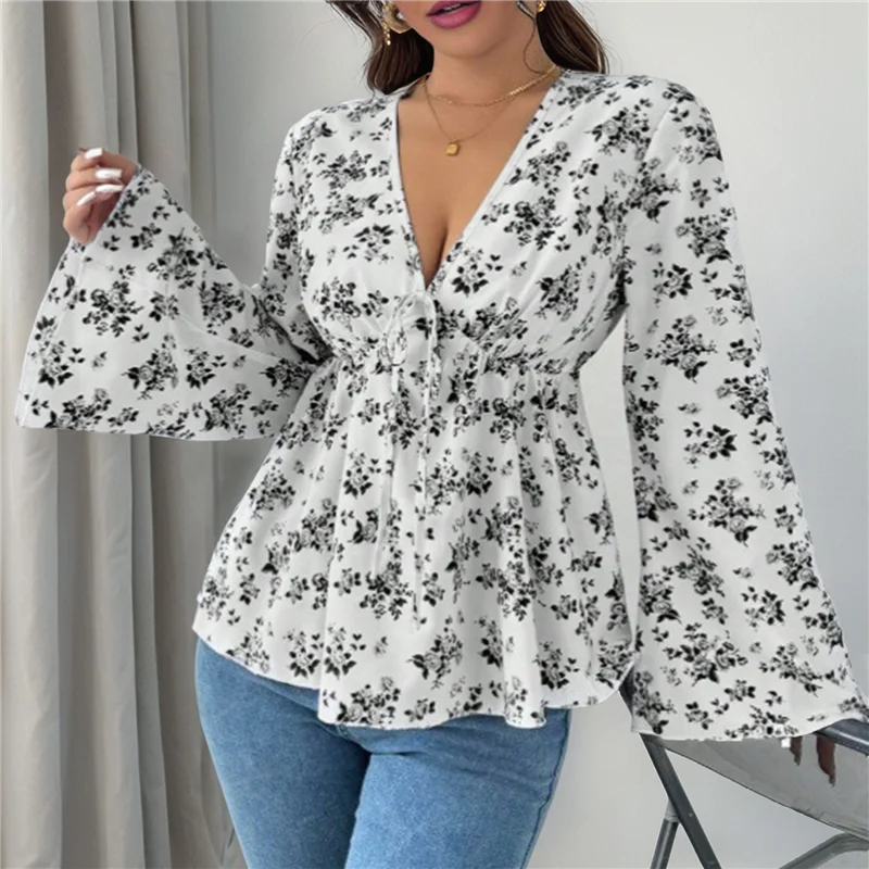 NEW-Women's Floral Print Blouse Long Sleeve Babydoll Shirt Deep V Neck Peplum Top