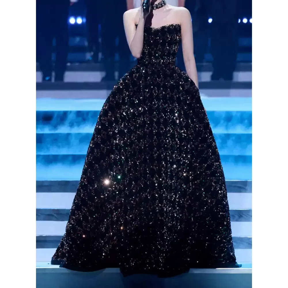 Black with Gold Green Sequined Evening Dresses High Waist Long Prom Gowns