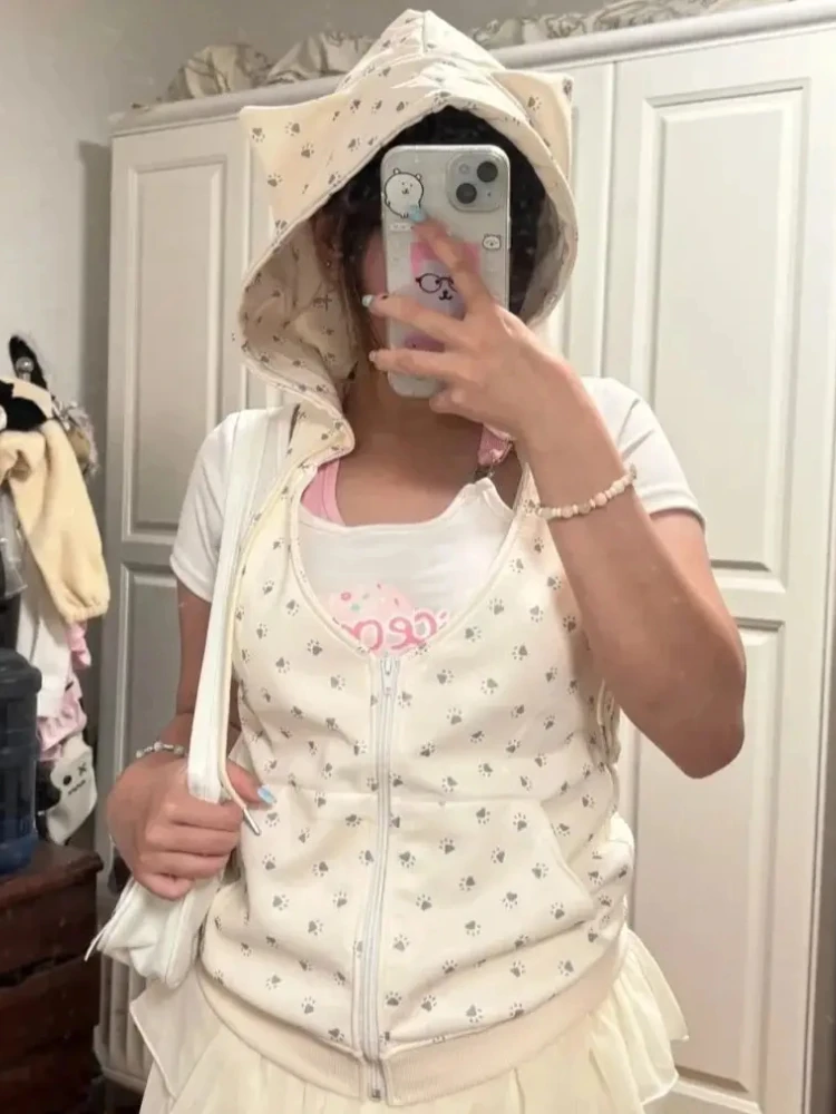 

Осень 2021, Y2k, толстовки с принтом ушей, женские японские Harajuku, кардиган на молнии без рукавов, винтажный милый свитшот