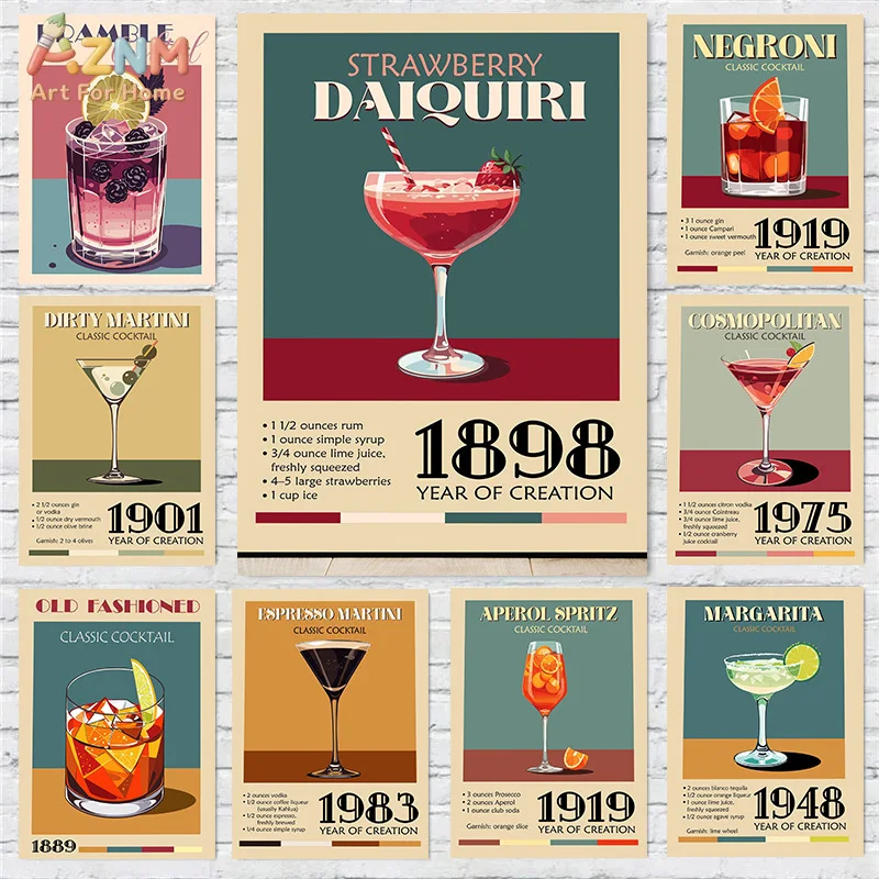 AZNM Retro Classic Cocktail Canvas Wall Art, Vintage Strawberry Daiquiri Print, Frameless Bar Recipe Drink Poster Canvas Paintin