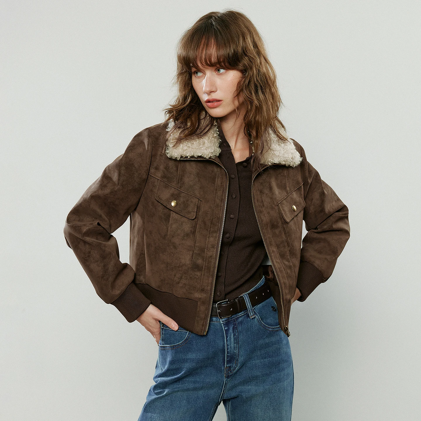 TOYOUTH Women Jackets 2025 Winter New Short Loose PU Faux Fur Collar Coats​