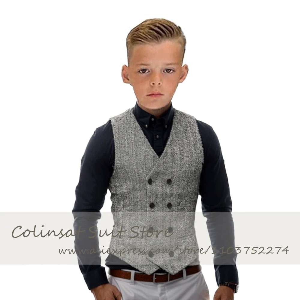 Children Boy's Vest Double Breasted Herringbone Tweed Pattern Waistcoat Baby Boys Sleeveless Coat Top 3-16 Yrs Birthday Party