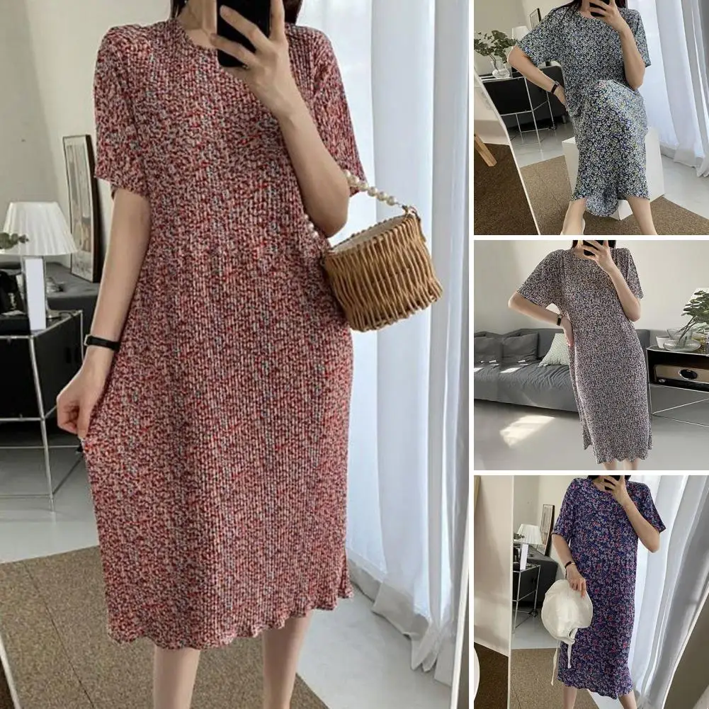 Floral Dress Floral Print Midi Dress for Women Pleated Crew Neck Summer Dress with Short Sleeves Stylish Mid-calf for Dating