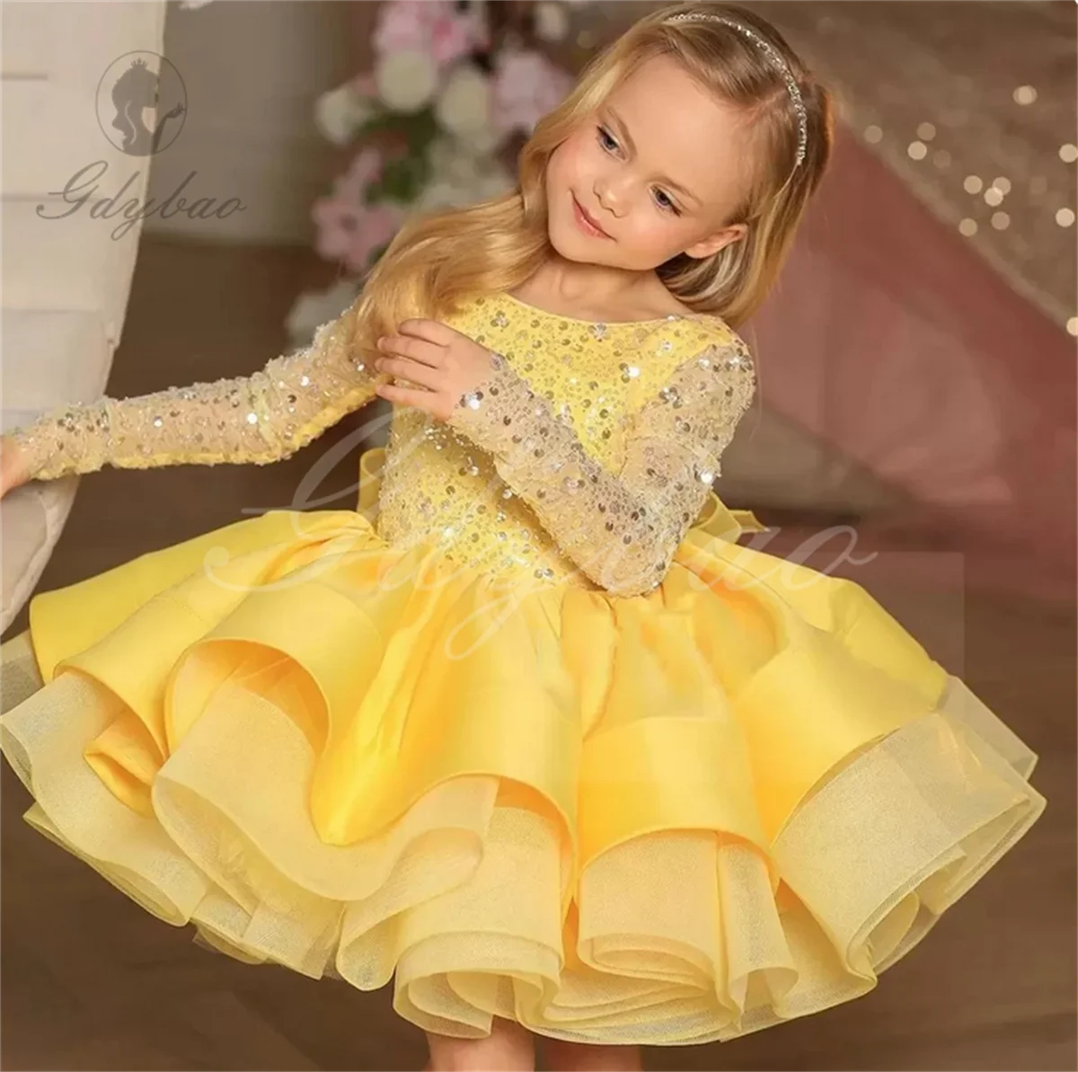 Baby Girl Birthday Fluffy Dress Infant Sequin Baptism Gown Flower Wedding Costume Kids Long Sleeved Vestidos Girl Wedding Dress