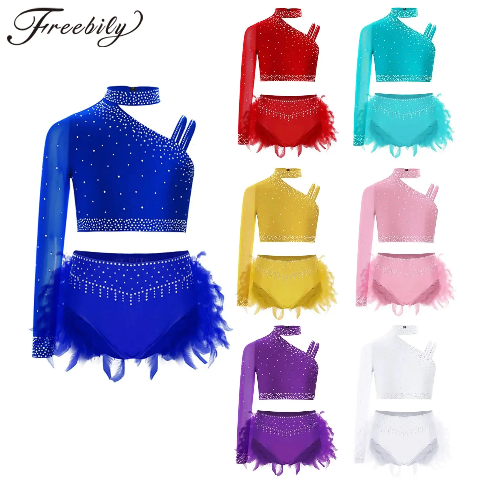 

Детский блестящий танцевальный укороченный топ для девочек + трусы с перьями, юбка, блестящая одежда для подростков, джазового балета, наряд для латинского дискотеки, современная танцевальная одежда